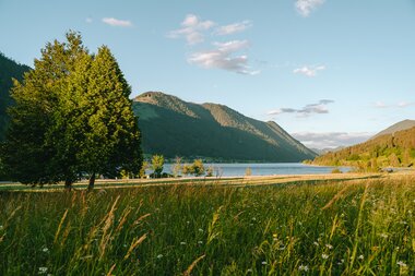 Eine ruhige Landschaft mit einem See, umgeben von Bergen und üppigem grünem Gras unter einem klaren blauen Himmel.