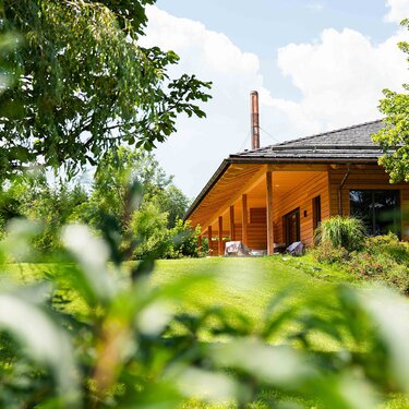 Ein modernes Holzhaus umgeben von Grün, mit Bäumen und Sträuchern im Vordergrund.