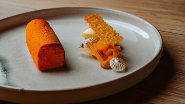 Elegante Dessert-Präsentation auf einem Teller mit orangefarbenem Kuchen, Honigwabe und dekorativen Elementen.